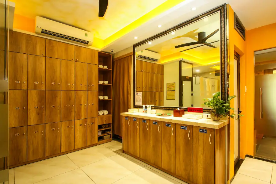 Wooden lockers and vanity counter in the changing area